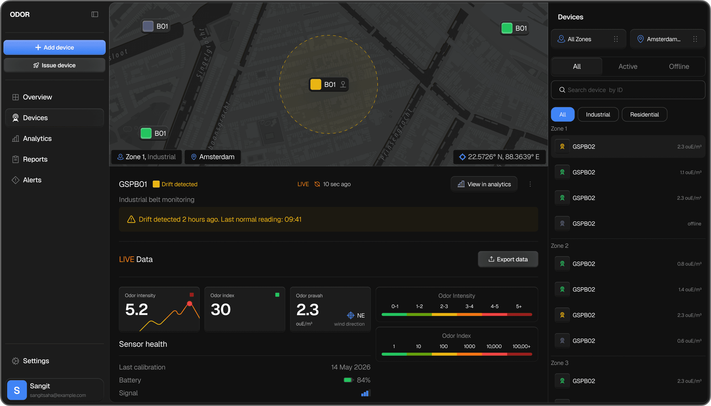 ODOR industrial IoT odour sensing dashboard — live sensor map, zone management and analytics
